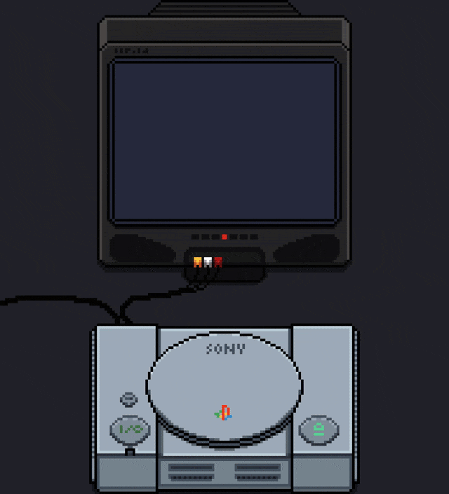 Pixel-art CRT television wired to a PlayStation 1